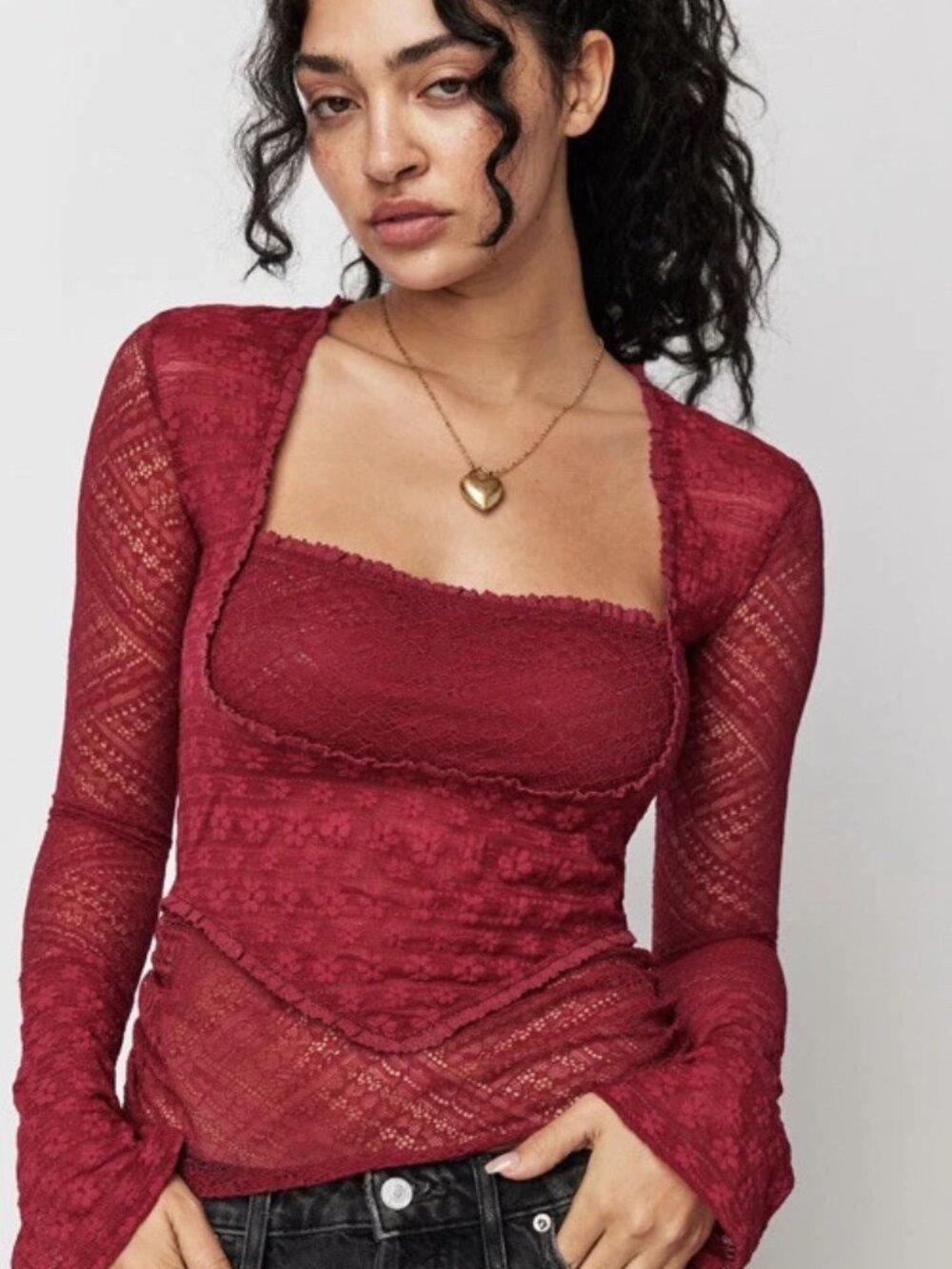 EUC Free People "My Party" Long Sleeve Lace Top in Dark Rhubarb Size XL